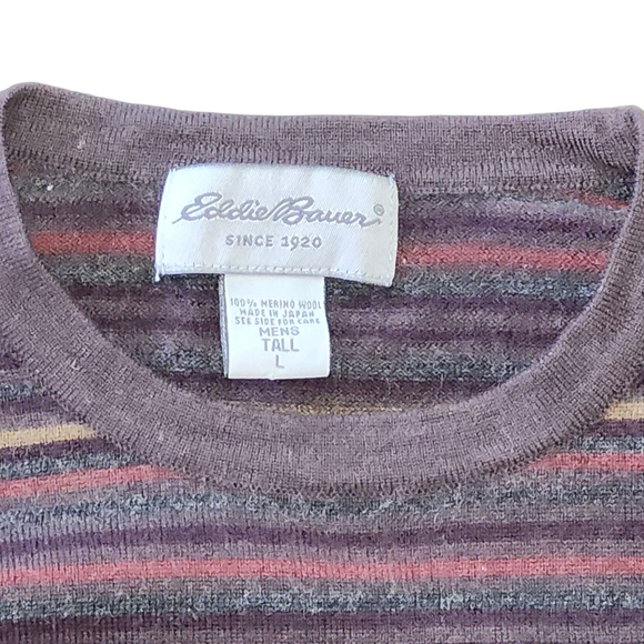 Eddie Bauer Brown Merino Wool Striped Crewneck Sweater Men’s Sz. LT - Picture 3 of 7
